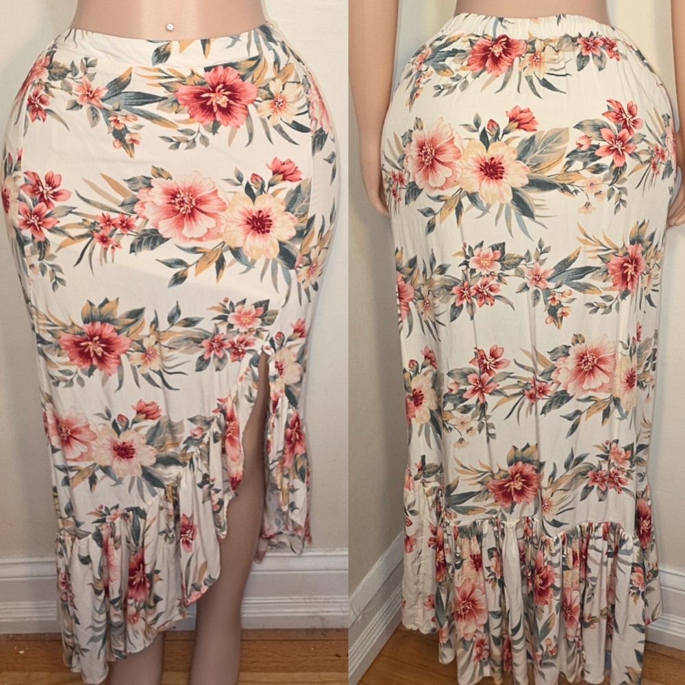 American Eagle Outfitters Cream Floral Maxi Skirt with Pink & Green Flowers